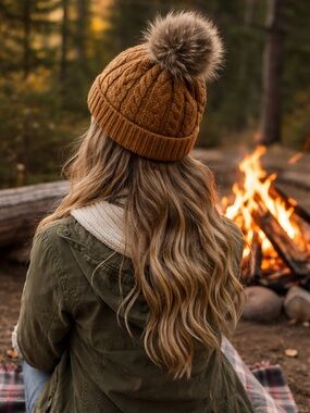 Frye & Co Caramel Pom Pom Beanie OS Knit Winter Hat Faux Fur Pom Cozy Cabin Core